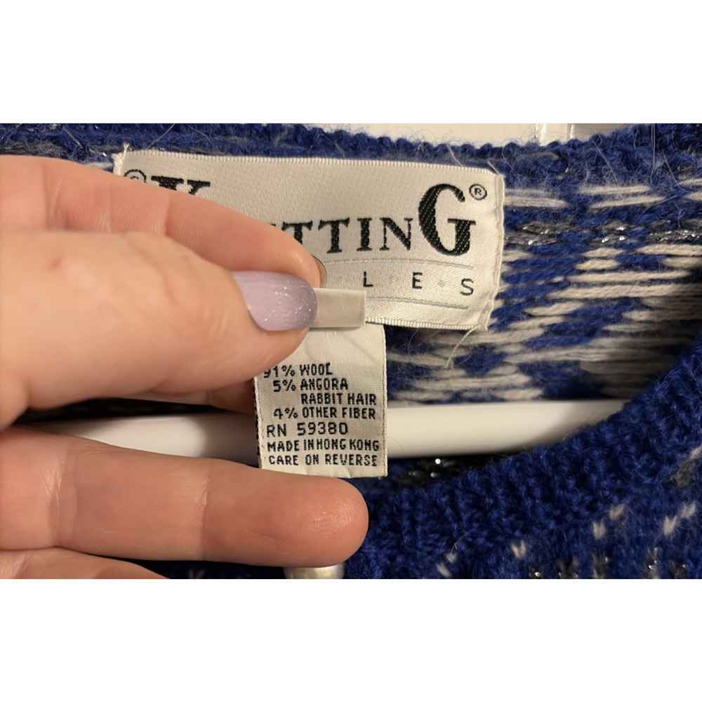 VTG Women Cardigan Sweater Blue White L Wool Nordic Fair Isle Snowflake Winter - Picture 4 of 12